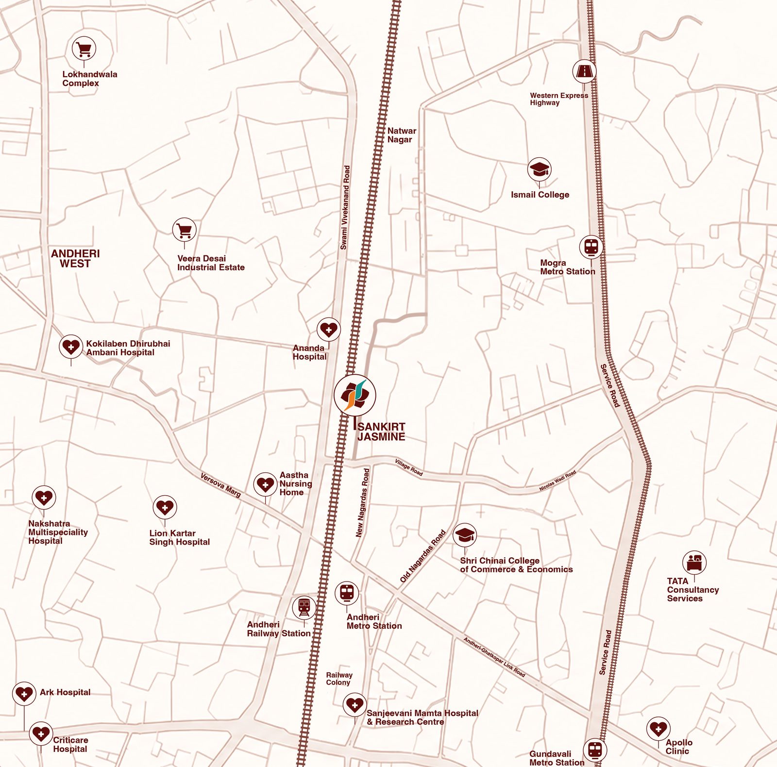 Location map showing Sankirt Jasmine at Mogra Village with nearby stations, hospitals and colleges